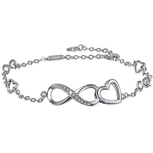 MABELLA Anklets Bracelet 925 Sterling Silver Adjustable Infinity Endless Love Heart Charm Jewelry Valentine's Day Gifts for Women