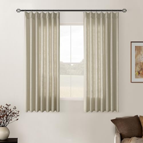 Image of Khaki Beige Linen Curtains 45 Inch Length 2 Panel Set for Small Windows Rustic Country Linen Cotton Light Filtering Drapes Privacy Pinch Pleated Back Tab Semi Sheer Kitchen Curtains 45 Inches Long