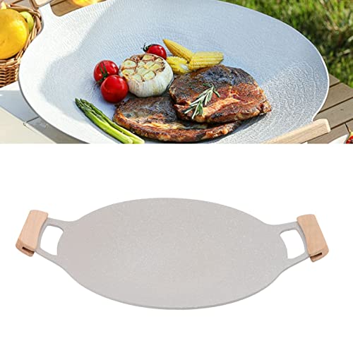 Bandeja de parrilla coreana, parrilla de barbacoa sin recubrimiento, bandeja de aluminio redondo bandeja para hornear sartén con mango de haya, calefacción de uniforme rápido en (30cm / 11.8in) (34cm