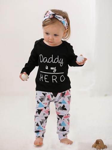 Derouetkia Baby Girls 3Pcs Outfit Set Letters T-Shirt Tops Pants with Headband2