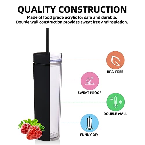 Volhoply 16oz Plastic Skinny Tumbler with Lid and Straw Bulk 10 Pack,Insulated Double Wall BPA Free Matte Acrylic Tumblers,Iced Coffee Travel Reusable Party Cup,Customizable DIY Gifts(Black,10 Set) by Volhoply - Image 3