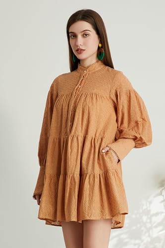 Image of Summer Cotton V Neck Long Losse Sleeve Casual Party A-Line Dresses Embroidery Short Dress