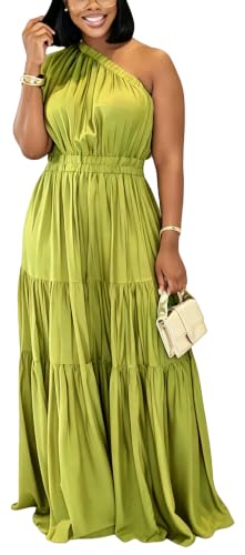 Flowy Dresses for Women Plus Size Maxi Dress Summer Outfits One Shoulder Sleeveless Boho Beach Vacation Long Sun Dresses Lime Green XXL