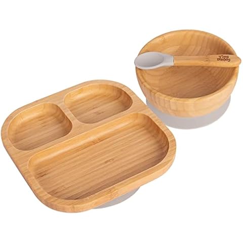 Tiny Dining Infantil de bambú succión vajilla Plato, Tazón, Cuchara con ventosas - Gris Cover