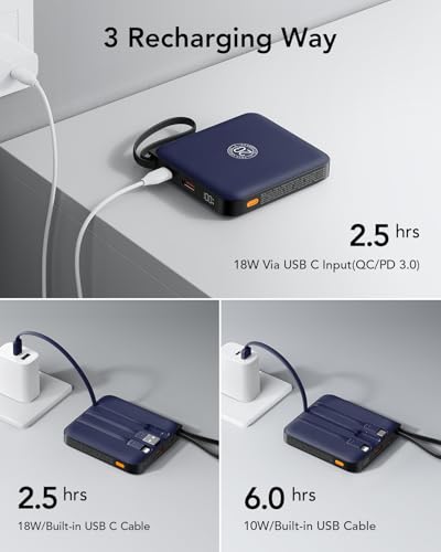 Image of VRURC Portable Charger for iPhone, 10000mAh 22.5W Fast Charging Power Bank | with Built-in Cables, LED Display, Battery Pack for iPhone 17 /16 /15 Series, Samsung S26, Travel Essentials (Royal Blue)