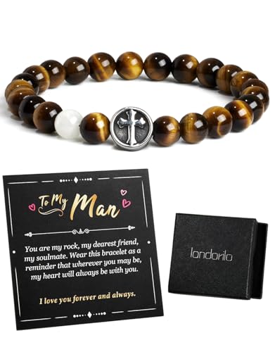 Landorilo Cadeau Homme - Bracelet Croix Pierre Naturelle 8mm Œil de Tigre Jaune, Bijou Fait Main avec Carte - Cadeau Personnalisé pour Fils, Mari, Papa (To My Man-21cm)