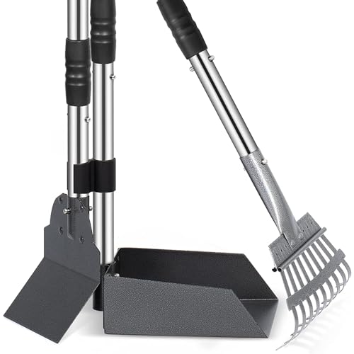 Bamda Cuchara para excrementos de perro, 106 cm, con mango largo ajustable, bandeja de rastrillo de metal duradera para perros grandes, medianos y pequeños, pala para excrementos para césped, hierba,