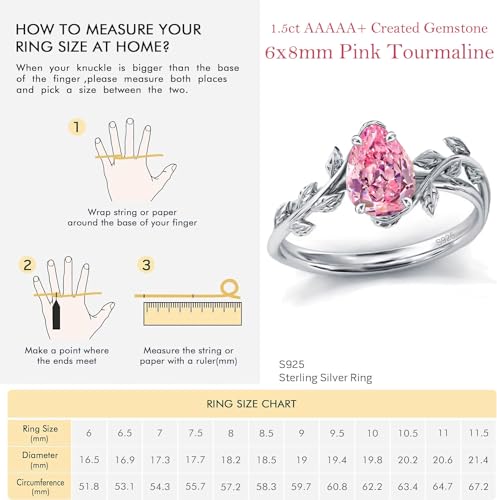 Wasee October Birthstone Ring 925 Sterling Silver Pink Tourmaline Ring Pear Shaped Leaf Promise Ring for Her Birthday Anniversary Mother's Day Jewelry Gifts for Women,Ring Size 8.5 by Wasee - Used condition - Image 6