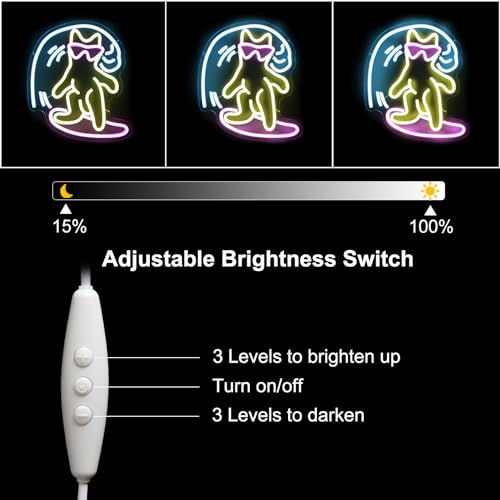 Image of Cat Surfing Neon Sign Colorful Surfboard LED Neon Light for Room Bar Decor | Surfer LED Sign for Wall, Anime Neon Light Up Sign, Dimmable Neon Lights Signs, Bedroom Kids Room Man Cave Decor, USB Powered