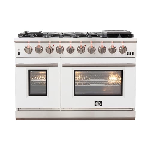 FORNO Capriasca Full Gas 48" Freestanding Range with 8 Sealed Burners Cooktop - 6.58 cu ft Double Gas Convection Oven Capacity, Stainless Steel Heavy Duty Cast Iron Grates White Door