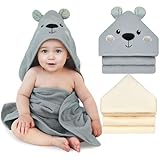 Unicorn Castle Hooded Baby Towels 2Pack 100% Muslin Baby Bath Towels for Newborn Animal Design Ultra-Soft Baby Girl Boy Bath Essentials 30 X 30 Inch,Gray Bear - Beige