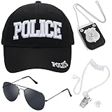 ERDOGLY Police Hat, Police Adjustable Baseball Cap with Cop Badge, Secret Service Earpiece and Sunglasses, 3D Embroidered Cop Hat for Adults Men Women Police Officer Costume Accessories