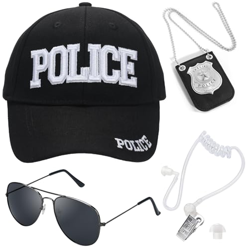 ERDOGLY Police Hat, Police Adjustable Baseball Cap with Cop Badge, Secret Service Earpiece and Sunglasses, 3D Embroidered Cop Hat for Adults Men Women Police Officer Costume Accessories