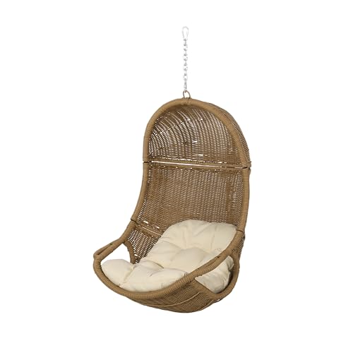 Christopher Knight Home Mariaz Hanging Basket Chair with Cushion, Outdoor Indoor Basket Chair, Boho Garden Rattan Lounger Porch Swing Furniture, Modern Patio Decor, Brown+Beige by Christopher Knight Home - Used condition - Image 5