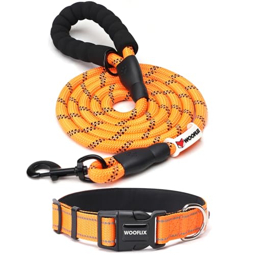 Image of WOOFLIX Reflective Dog Leash And Collar Combo Set|Dog Collar & Anti Slip Padded Handle Leash For Dogs|Highly Reflective|Dog Rope For Medium & Large Dogs|(Leash 5 Ft. + Collar Medium, Orange, 18 Cm)
