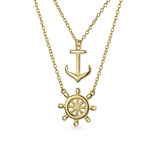 Set Of 2 Nautical Ship Wheel Layering Boat Anchor Pendant Necklace For Women Teens Gold Plated .925 Sterling Silver Jewelry Set