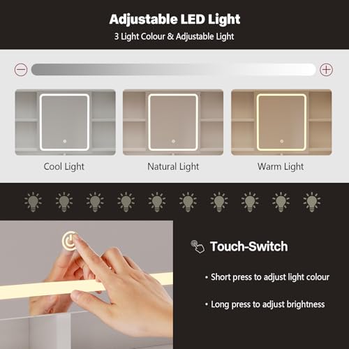 Airfish Tocador Grande, 140x40x100 CM Gran Tocador de Maquillaje con Luces LED, Brillo Ajustable, Mesa de Maquillaje con Espejo y Compartimentos Abiertos, 2 Cajones y 1 Armario, Blanco - imagen 4