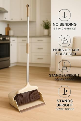 Image of Stand Up Dustpan and Broom Set with Long Handle - Upright Floor Cleaning Broom Combo with Self Cleaning Teeth Design, Heavy Duty Plastic Dustpan for Home, Kitchen, Office and Indoor Use
