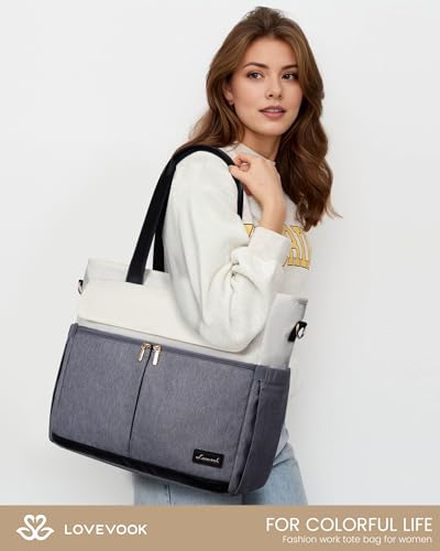 Image of LOVEVOOK Laptop Bag for Women 15.6 Inch Canvas Laptop Large Capacity Work Bags Mutiple Pockets Teacher Bag Water Resistant Computer Bags for Business Travel Nurse, Gray Beige