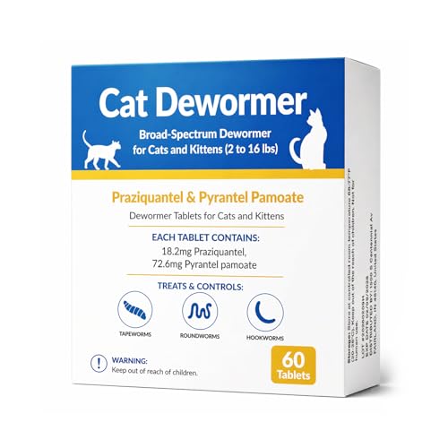 Broad Spectrum Cat & Kitten Dewormer – Praziquantel & Pyrantel Pamoate for Tapeworms, Roundworms & Hookworms (60 Tablets)