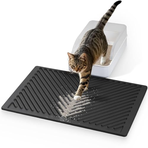 Conlun Silicone Cat Litter Mat 60x38cm, Rubber Urine & Waterproof Cat Litter Trapping Mat, Easy Cleaning, Non-Slip Kitty Tray Rug for Waste Control, Black