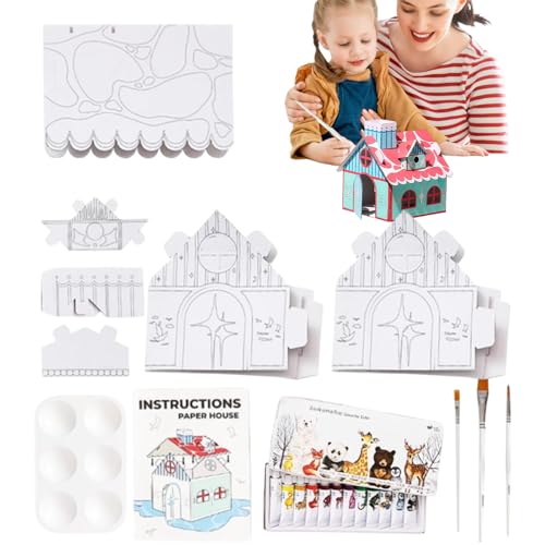 Cardboard Coloring Playhouse, casa de papel pintada a mano | Casa de empalme pintada hecha a mano - Herramienta de artesanía hecha a mano multifuncional para viajes, hogar, escuela y actividades al ai
