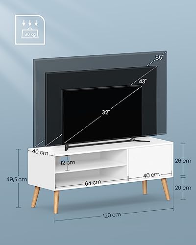VASAGLE Szafka telewizyjna, szafka pod telewizor, szafka pod telewizor do 55 cali, szafka telewizyjna o długości 120 cm, centrum rozrywki, nowoczesny do salonu, sypialni, biały LTV120T46