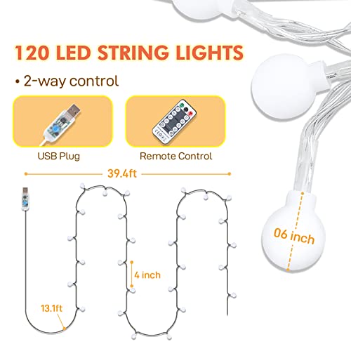 Izell String Lights, [40Ft/ 120 Leds] Usb Plug In Globe String Lights With Remote, Dimmable Bulbs With 8 Flash Modes Indoor Outdoor String Lights For Bedroom Decro Or Outside, Yellow #TOP1