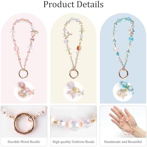 Kaluofan Phone Wrist Strap, Ocean Themed Keychain Wristlet, Beaded Camera Wrist Strap, Cute Phone Lanyard Purse Charms Bag Charm Camera Chain(Pink) - 1