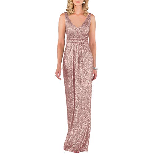 EUMI Pailletten-Kleider für Brautjungfern, lang, roségold, V-Ausschnitt, Hochzeits- und Partykleid - Beige - 32