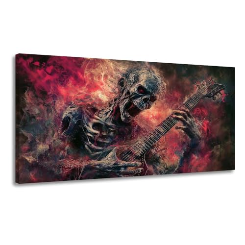 GAFSING Fiery Red and Black Rocking Skeleton Guitar Player Canvas Wall Art for Living Room Office Gothic Rock Music Performance Painting Prints Heavy Metal Art Canvas Artwork Dining Bedroom Decor Extra Large