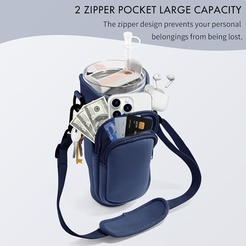 Image of Water Bottle Carrier Bag with Phone Pocket for Stanley Cup 40 /30 oz, Water Bottle Holder with Adjustable Strap& Straw Cover, Stanley Cup Accessories (Prussian Blue)