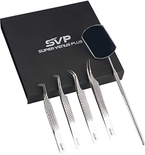 SV Lash Tweezers for Eyelash Extensions with Diamond Grip, 5 PCs Stainless Steel Precision Tweezers, Fiber Tip, Petite Tweezer Set With Lash Mirror For Classic, Volume & Mega Volume Lashes (Silver)