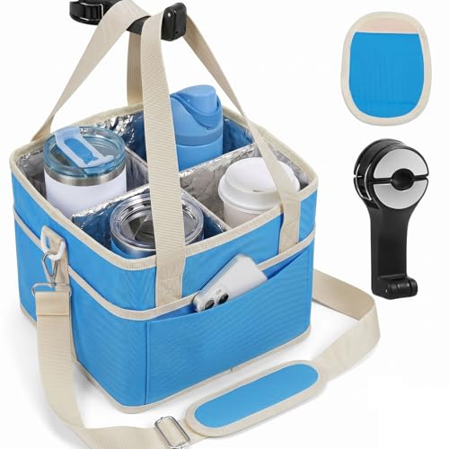 ANTAND 4 Water Bottle Holder with Strap - Multiple Tumbler Insulated Drink Carrier Tote Bag, Reusable Drink Family Size Caddy for Car, Delivery, Adjustable Dividers - 2 in 1 Car Seat Hook Set