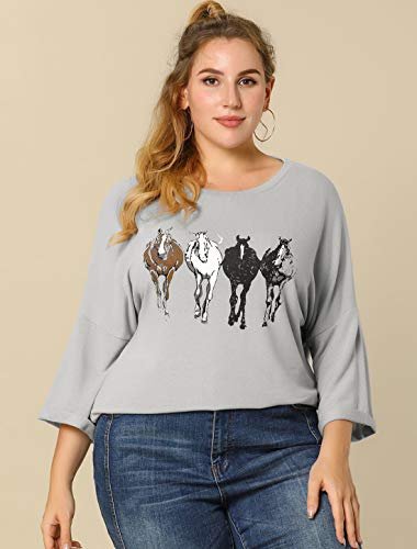 Allegra K Women's Christmas Drop Shoulder 3/4 Sleeves Horse Print Loose Top Medium Gray #TOP6