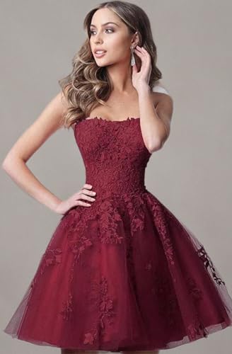 Image of Lace Homecoming Dresses Short A Line Strapless Formal Cocktail Party Gowns