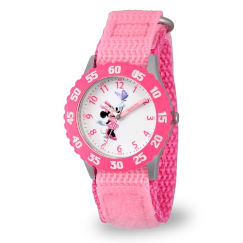 Disney Minnie Mouse Watch for Kids 3-5, Pink Nylon Strap, Metal Pink Bezel, White Dial – Perfect Minnie Watch for Girls and Toddlers, Cute and Stylish Timepiece Young Fans.