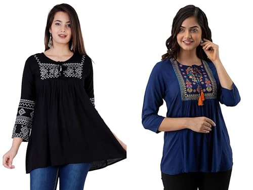 Image of Shiva Fab Short Kurti for Women | Embroidered Straight Rayon Kurta | Round Neck Full Sleeves Short Kurti for Women's Combo Pack of 2