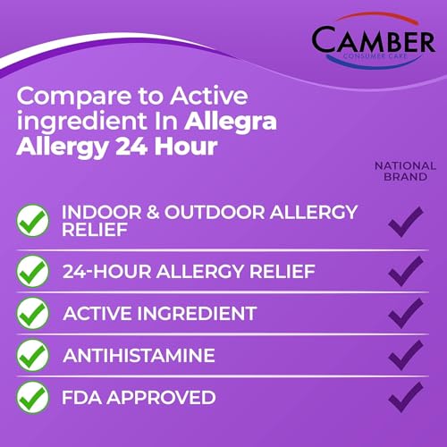 Camber Fexofenadine Antihistamine Non-Drowsy Indoor Outdoor 24hrs Allergy Relief Medicine 100 Tablets - Thumbnail 2