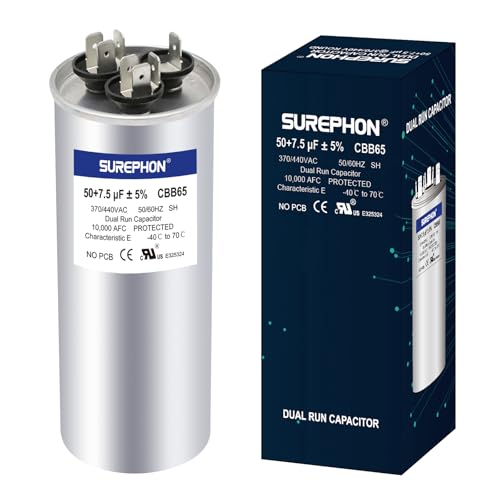 SUREPHON 50+7.5 uF 50/7.5 MFD ±5% 370V/440VAC Dual Run Start Capacitor CBB65B Works for AC Unit Fan Motor Start or Heat Pump or Condenser Straight Cool