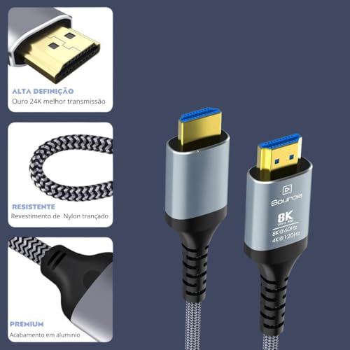 Cabo HDMI 8K Ultra HD 2 Metros Versão2.1 Áudio Video Computador Televisão 60Hz Resistente Durável Bl