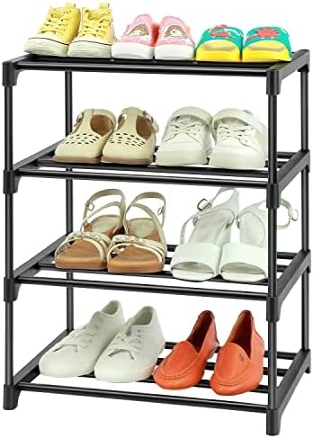 HITHIM 4-Tier Free Standing Shoe Racks, Small Shoe Rack for 6-8 Pairs Shoe Storage,Kids Shoe Racks for Small Place,Lightweight Stackable Shoe Shelf Organizer for Entryway, Doorway and Closet,Black