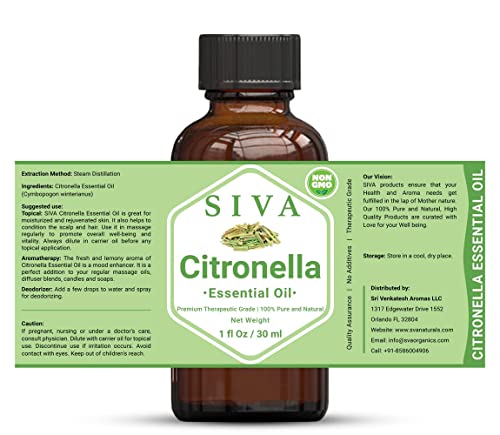 Image of Siva Citronella Essential Oil 30 ml (1 Fl Oz) with Glass Dropper - 100% Pure, Natural, Undiluted & Therapeutic Grade, Amazing for Nourished Skin, Moisturized Hair, Diffuser, Massage & Aromatherapy