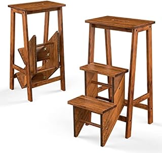 GYMAX Folding Step Stool, 3 Tier Multifunctional Wooden Stepladder Foot Stools with Carrying Handle, 3-in-1 Portable Ladder Flower Shelf for Home, Kitchen & Library (Coffee)