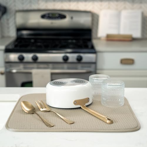 Image of S&T INC. Dish Drying Mat, 16 inch x 18 inch, Absorbent Microfiber Kitchen Counter Mat, Dish Drying Pad for Dishes, Utensils, Pots and Pans, Large, Pure Cashmere