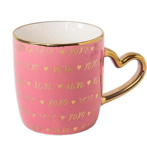 Romantic Love Mug 350ml with Gold Heart Handle Ceramic Tea & Coffee Cup Valentine’s Gift Mug for Her, Anniversary or Birthday (H 10cm x W 7cm) Assorted Designs (Blush Pink)