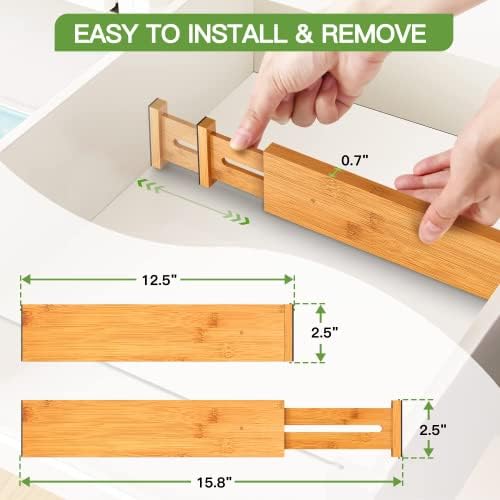 Pipishell Bamboo Drawer Dividers, Adjustable Dresser Drawer Organisers, Spring Loaded Kitchen Utensil Drawer Organiser Dividers for Cutlery Drawer Wardrobe, Clothes, Bathroom, Baby Drawer, Tools