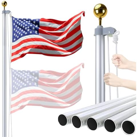 iElyiEsy Flag Poles for Outside House, 25FT Heavy Duty Aluminum Sectional Flag Pole Kit with 3x5 American Flag & Black Ball Topper for Yard House Ground Residential Commercial (Silver) Cover