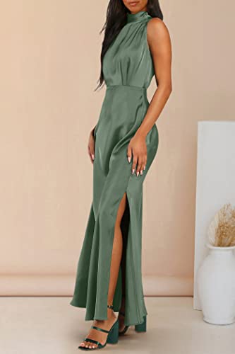 Prettygarden Women's Long Formal Satin Dress Mock Neck Sleeveless Side Slit Flowy Maxi Tank Dresses (Army Green,Medium) #TOP4