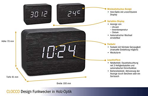 TFA Dostmann Clocco zendergestuurde wekkker, 60.2549.01, in houtlook, met grote LED cijfers, Wekalarm, met binnentemperatuur en datum, zwart, wit/zwart, (l) 100 x (b) 41 x (h) 70mm - Image 5